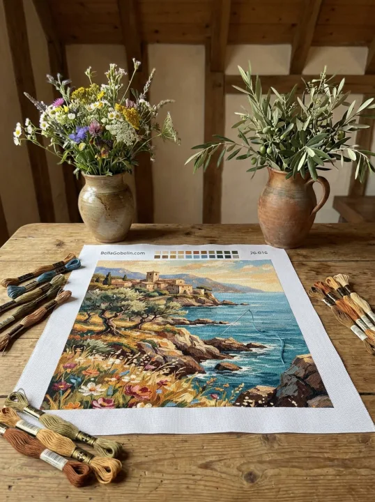 Itaalia rannajooneline maastiknagrada või gobelin-needlepoint