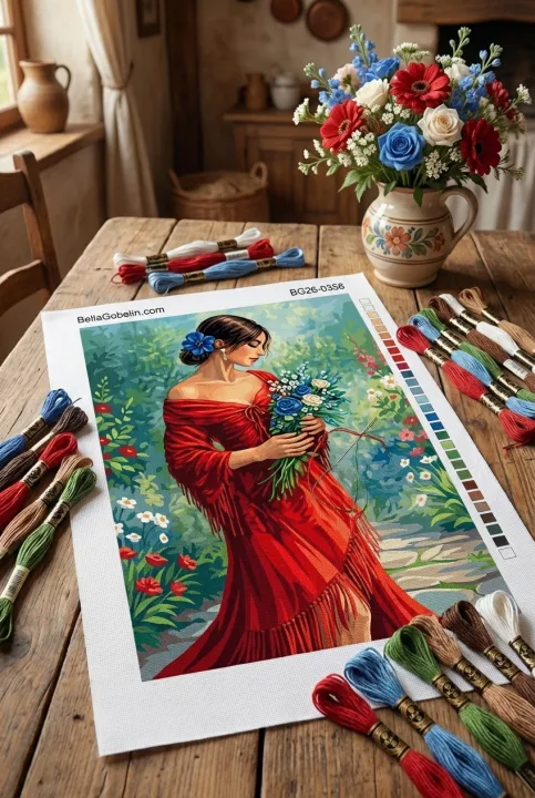 Senhora de vestido vermelho com flores.