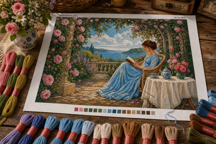 Lady reader under the rose arbor