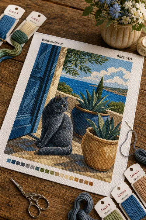 Gato na varanda à beira-mar