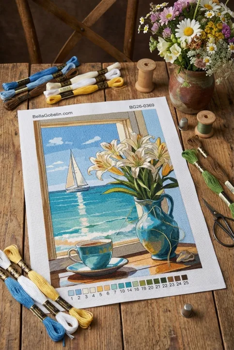 Seaside still life with flowers