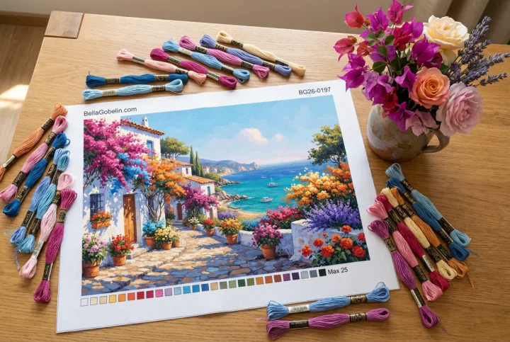 Mediterranean flowered seaside street