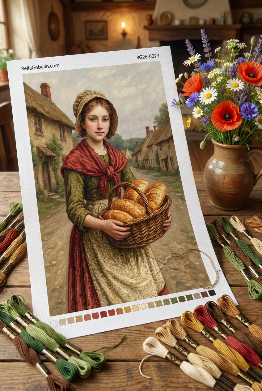 Una ragazza con il pane in un paesaggio rurale
