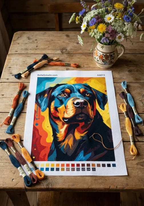 Ritratto di Rottweiler in a needlepoint tapestry