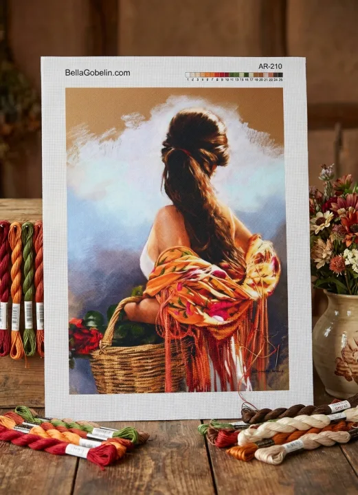 Dama con capelli castani e cesta da passeggio