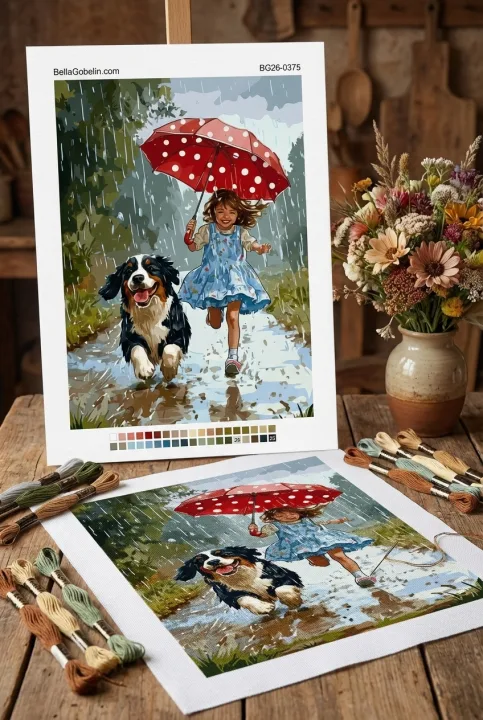 Little girl with dog in the rain