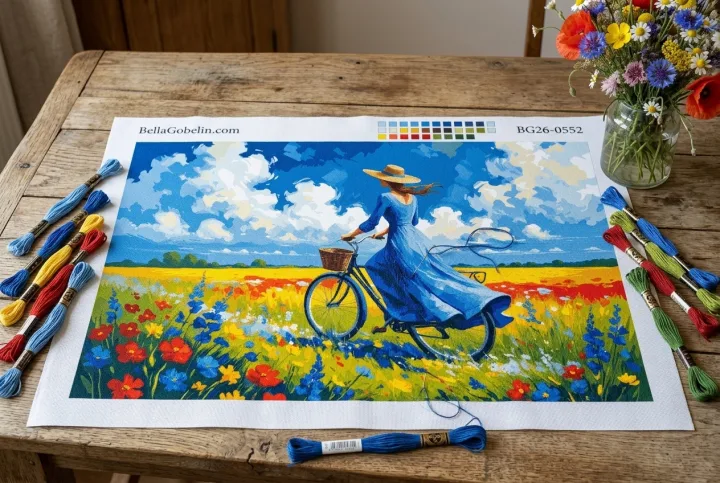 Dama con bicicleta en un campo de flores