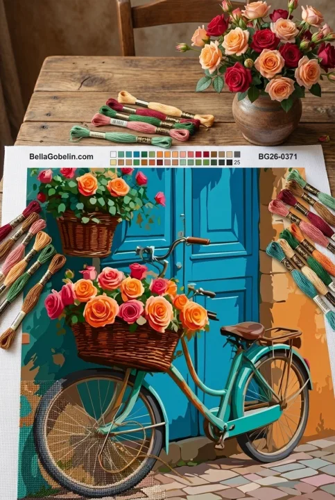 Bicicleta florida delante de una puerta azul