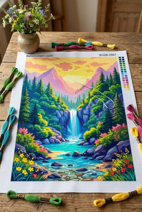 Mountain waterfall at sunset