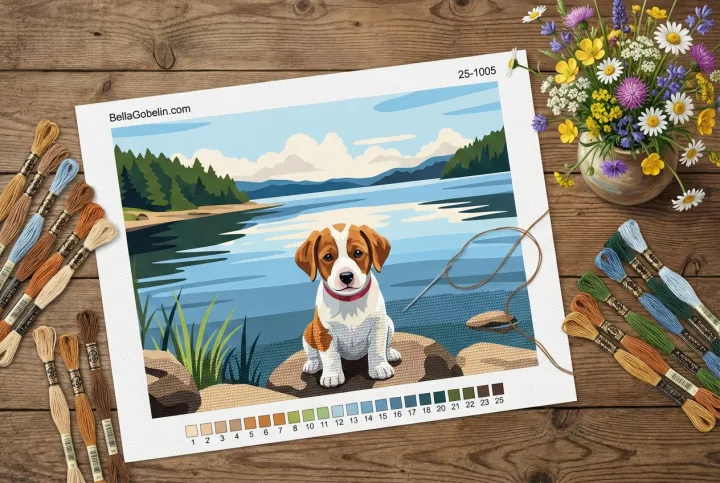 Portrait de chien - Petit chien tacheté au bord du lac – 25-1005