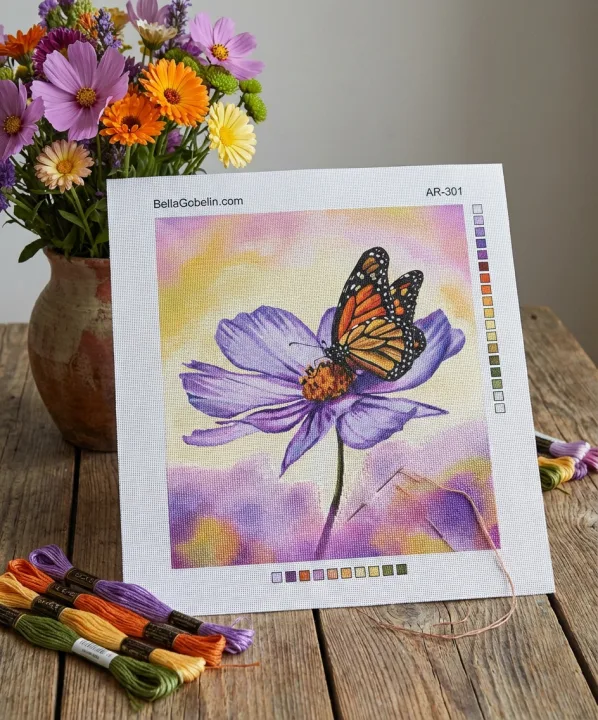 Lila blomma med fjäril