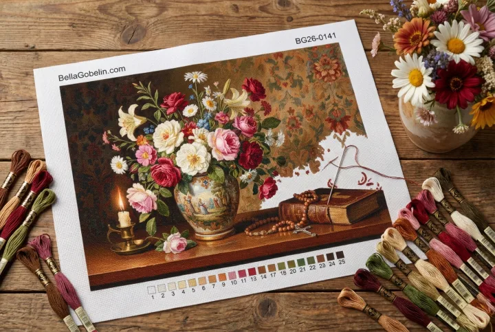 Flowers, candle, religious still life