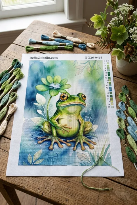 Frog watercolor nature needlepoint
