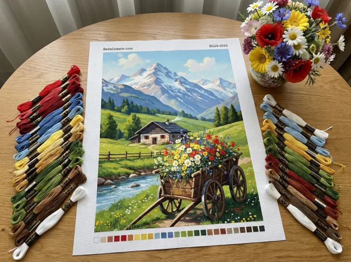 Alpine landscape with flower-filled cart – BG26-0225