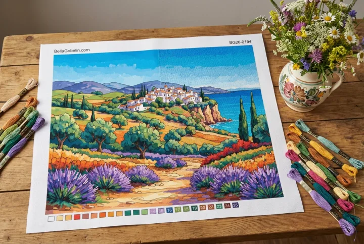 Pajsaġ Mediterranju b'għalqa lavanda