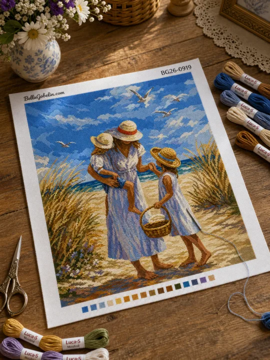 Mother and her children at the beach