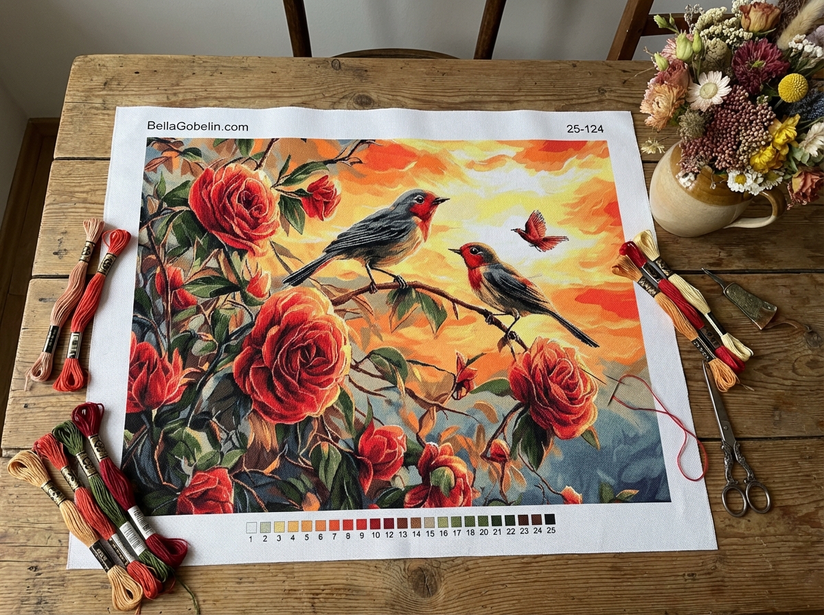 Vögel zwischen Rosen