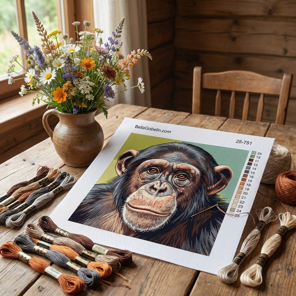 Retrato de chimpanzé com ponto de tapeçaria