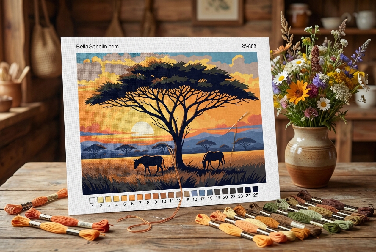 Auringonlasku savannilla