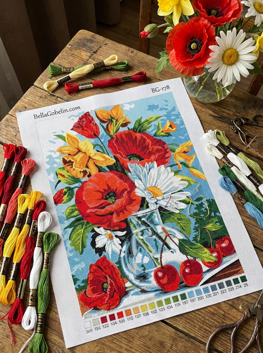 Blumenstillleben mit Kirschen