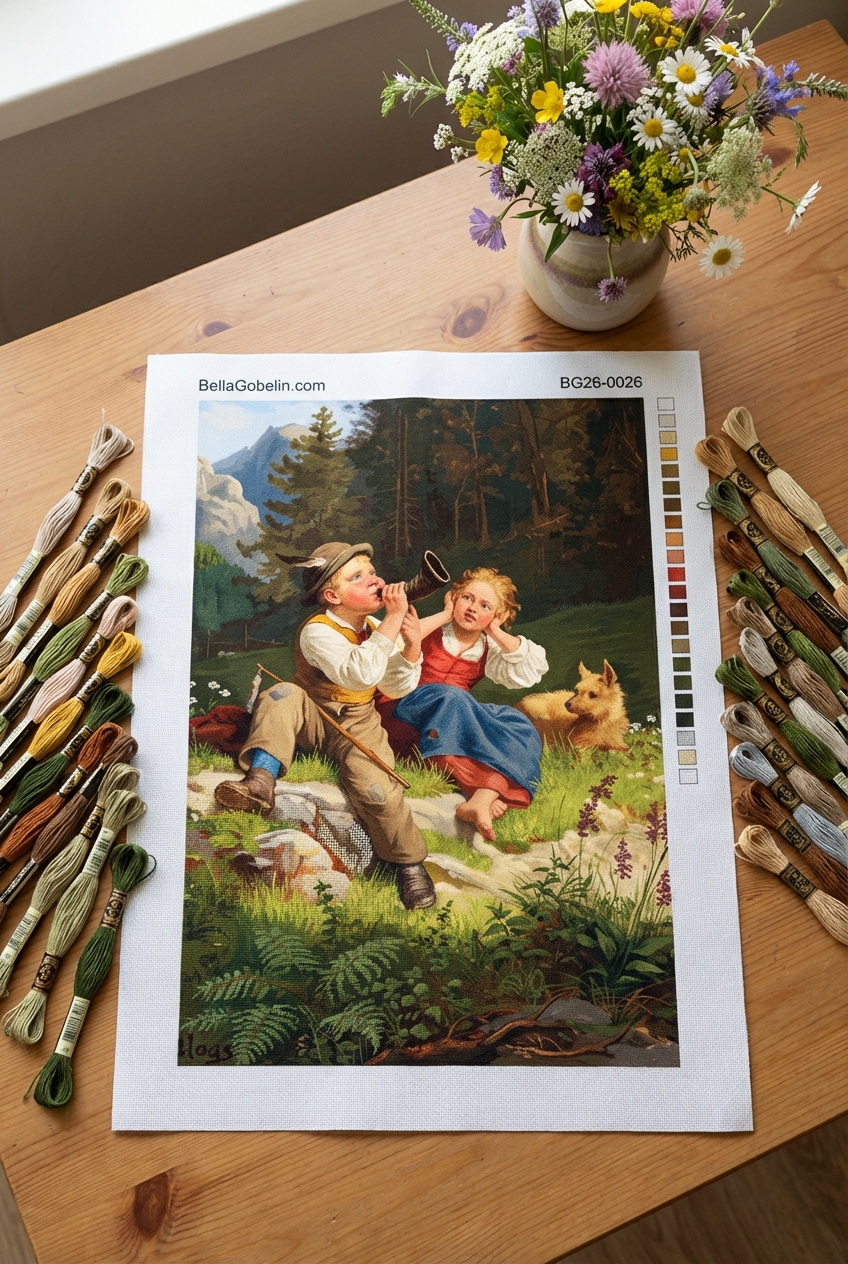 Replika grawerowanego obrazka Wilhelm Blass - alpijski pejzaż na gobelini