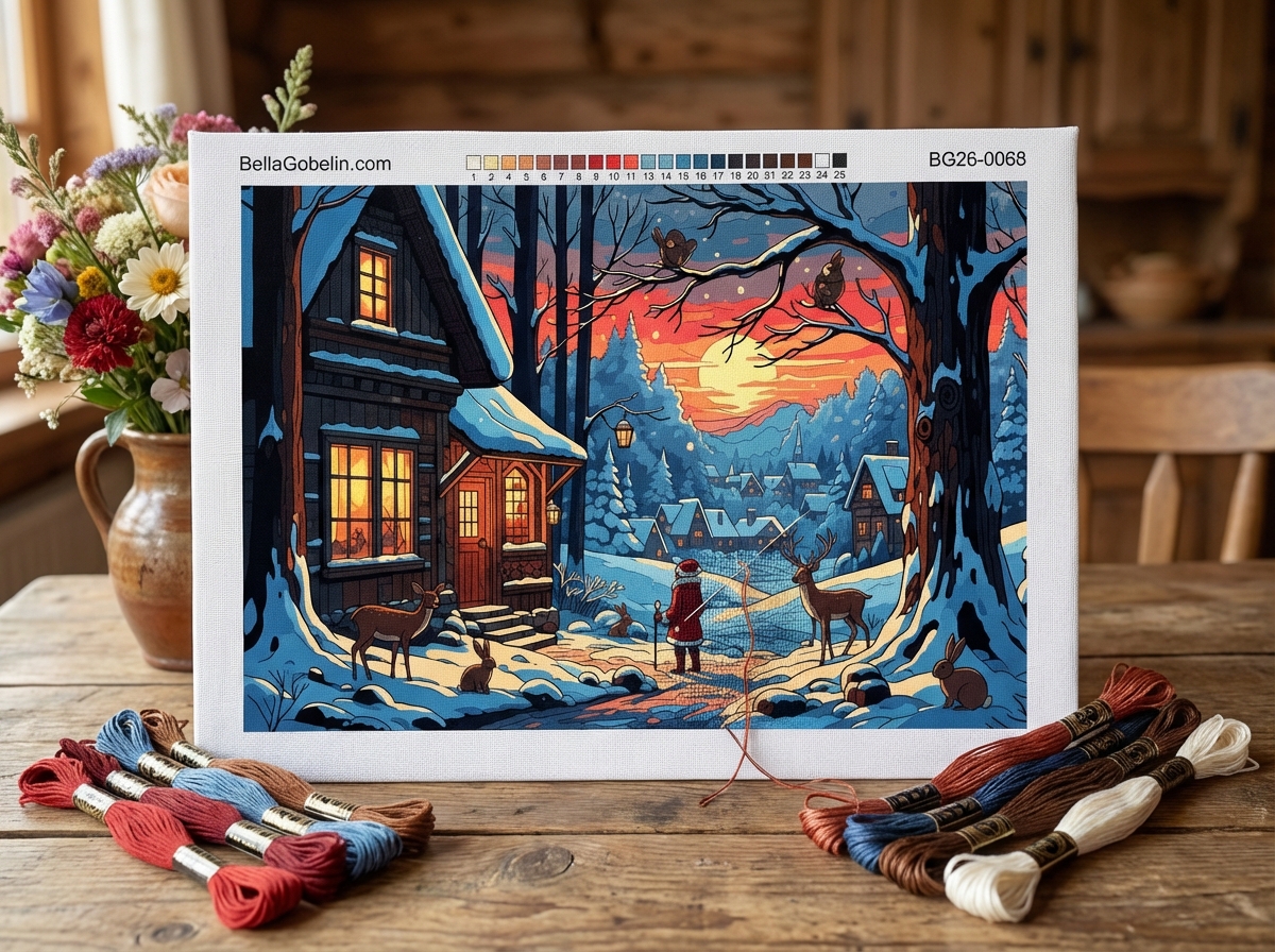Winter landscape with Santa Claus, needlepoint tapestry