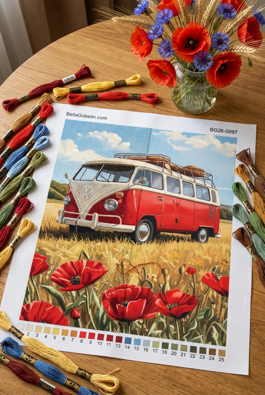 VW bus v poli makových květinách