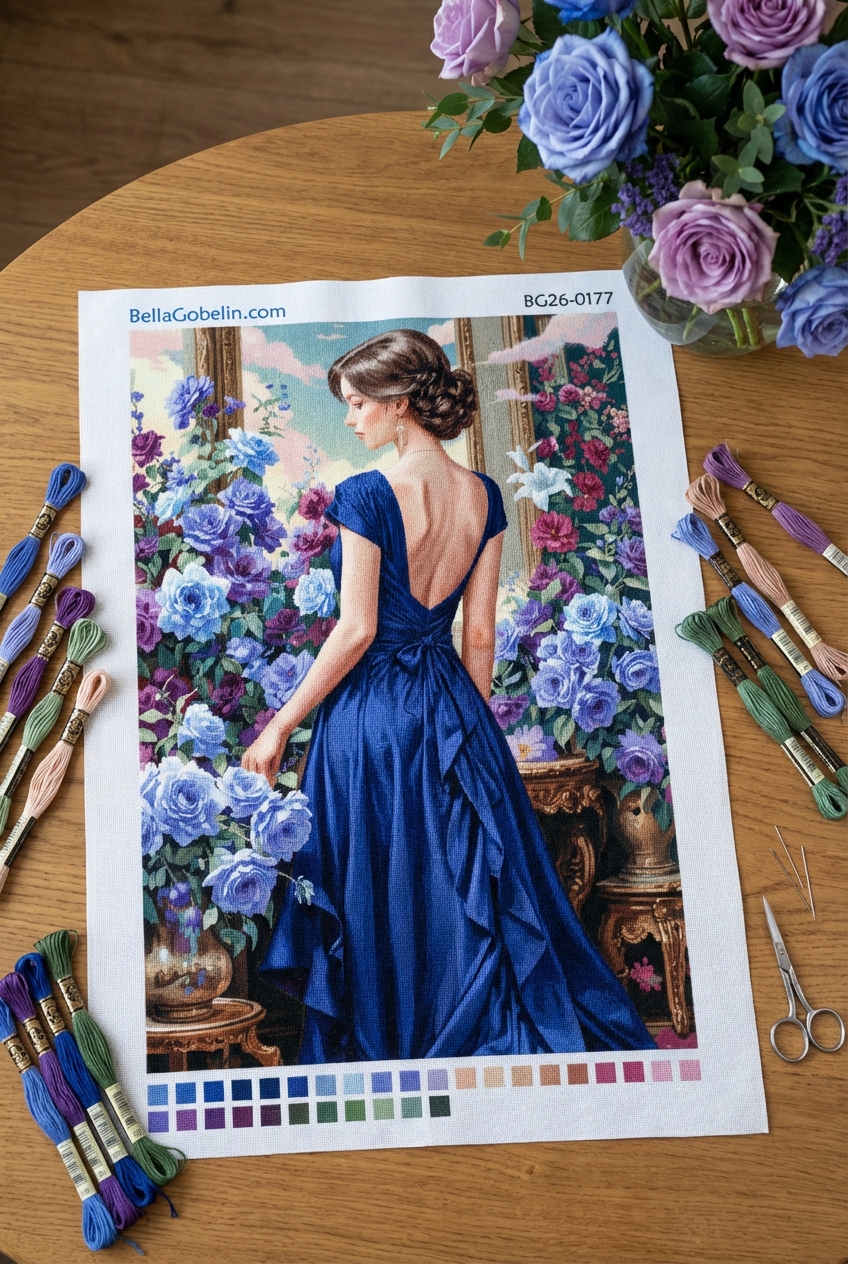 Vrouw in blauwe jurk met rozen