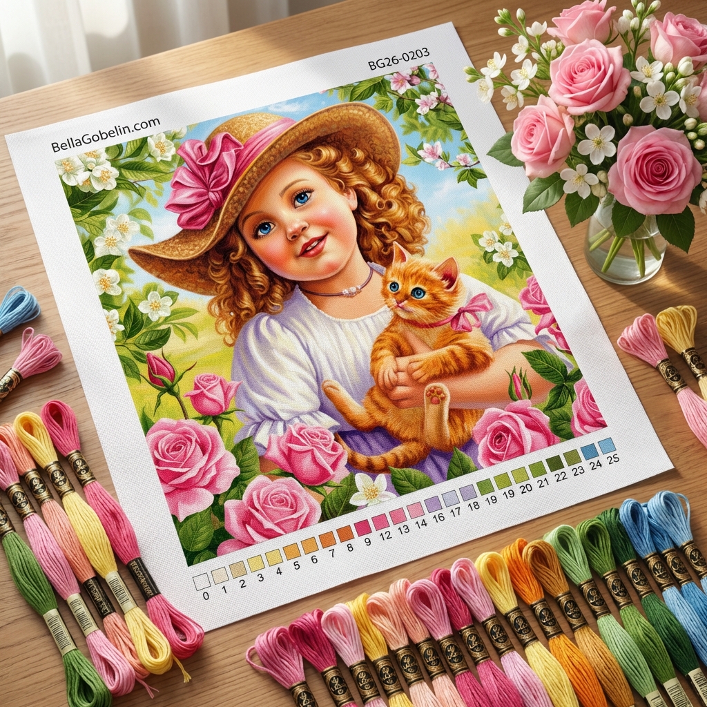 Ragazza, gatto e rose.
