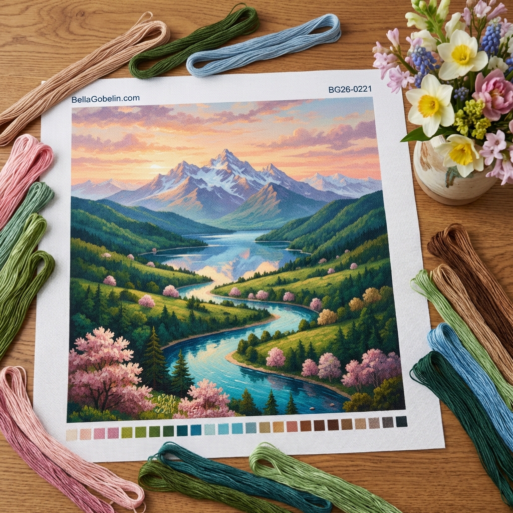 Berglandschaft mit blühenden Bäumen