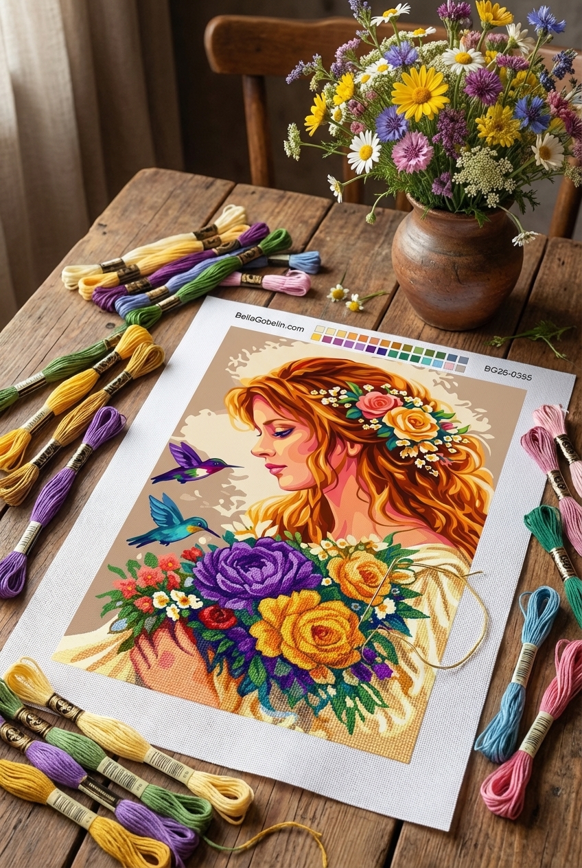 Dame au bouquet de fleurs et aux colibris