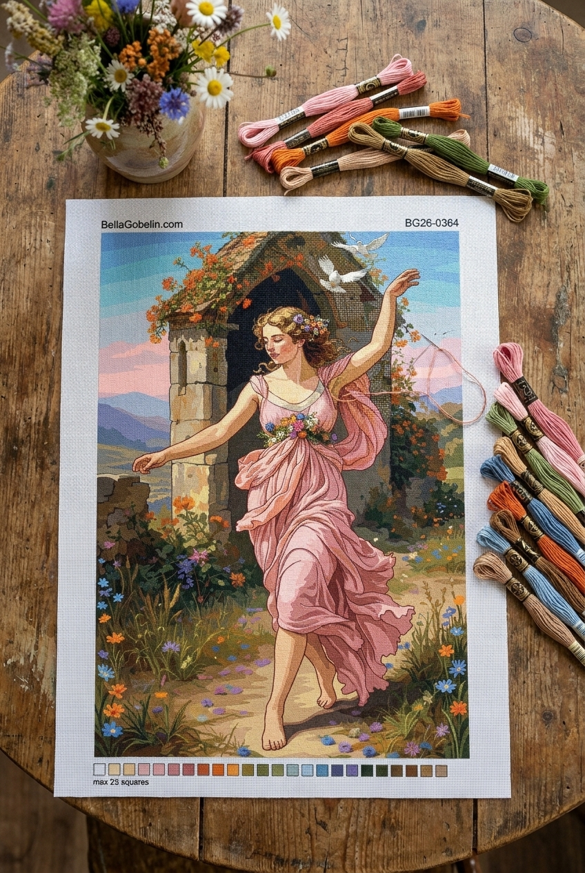 Moteris su gėlėmis ir balandžiais