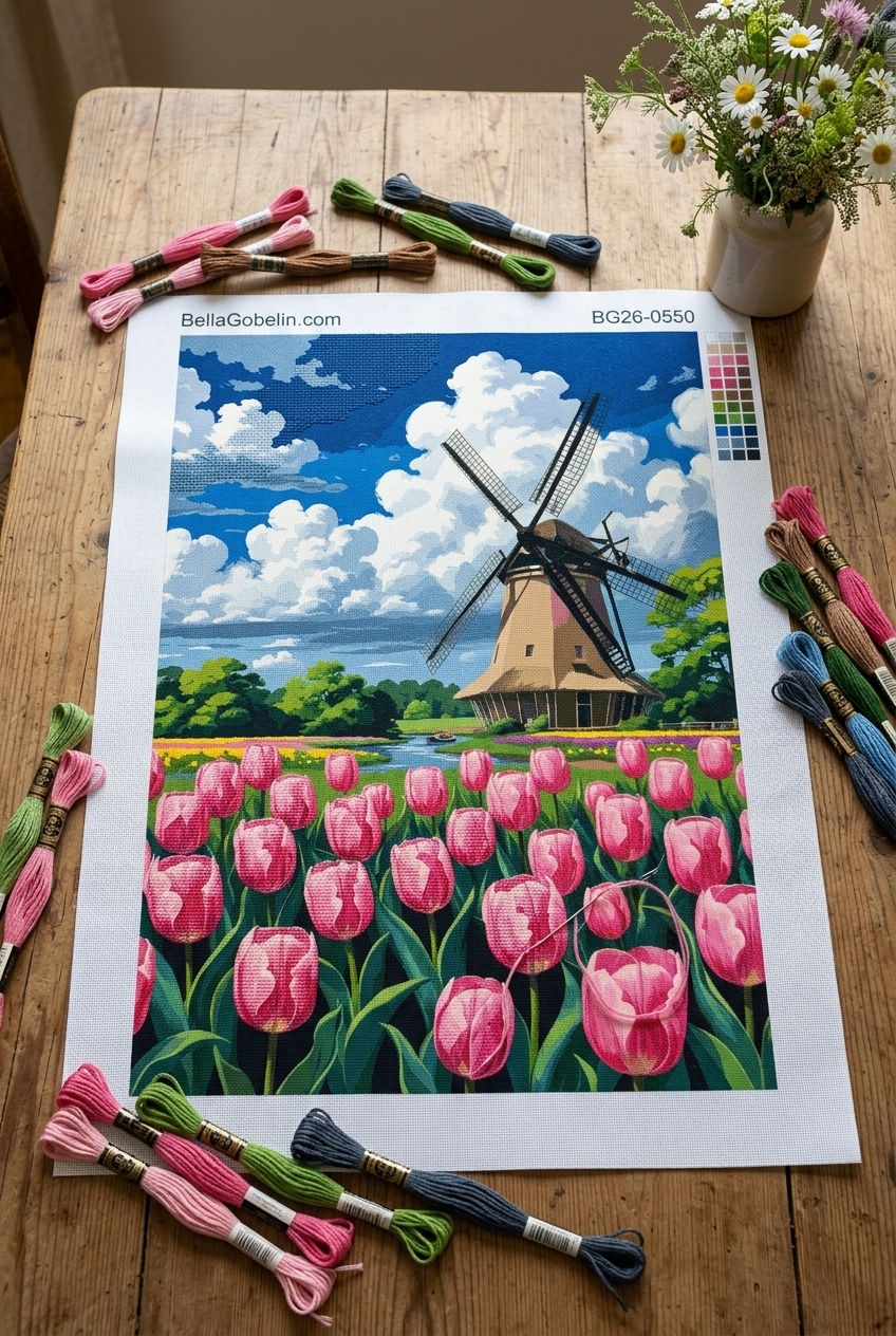 Hollantilainen tuulimylly tulppaanipellolla