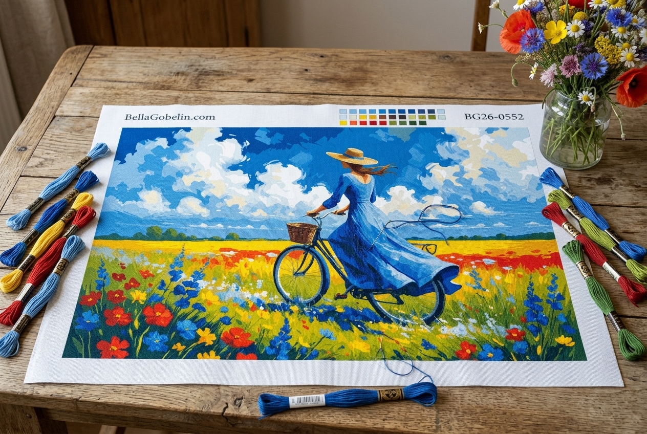 Moteris su dviračiu gėlėtoje pievoje (gobelenas)