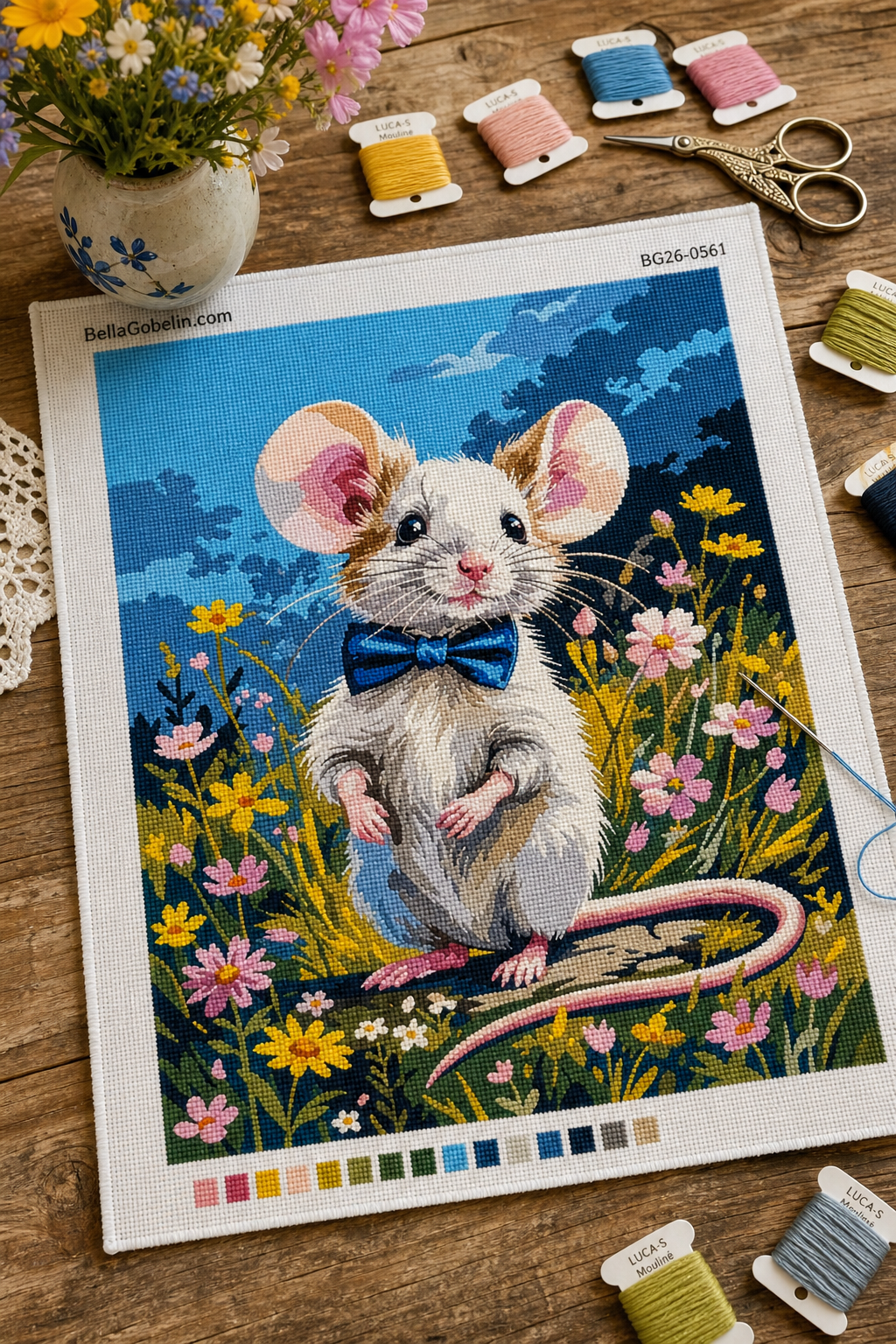 Elegant little mouse in a flowery field