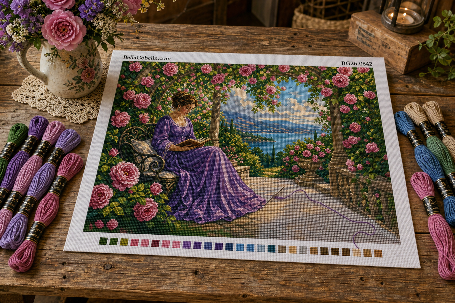 Lady reader under the rose arbor