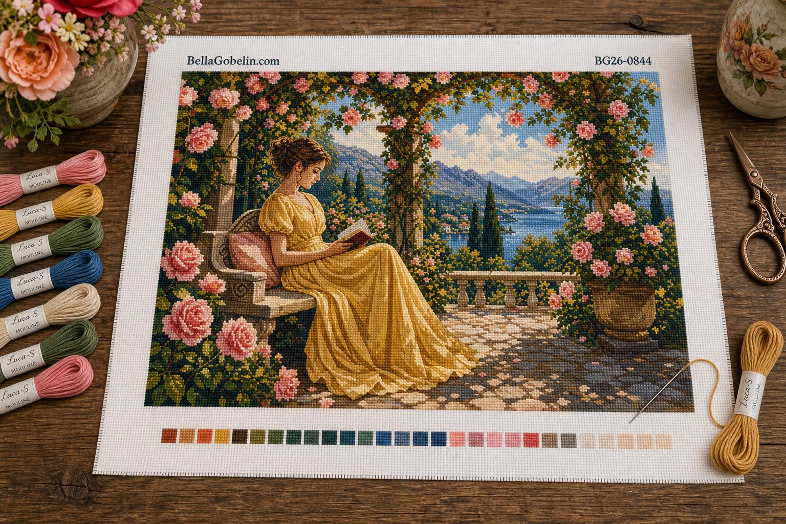 Lady reading under the rose arbor