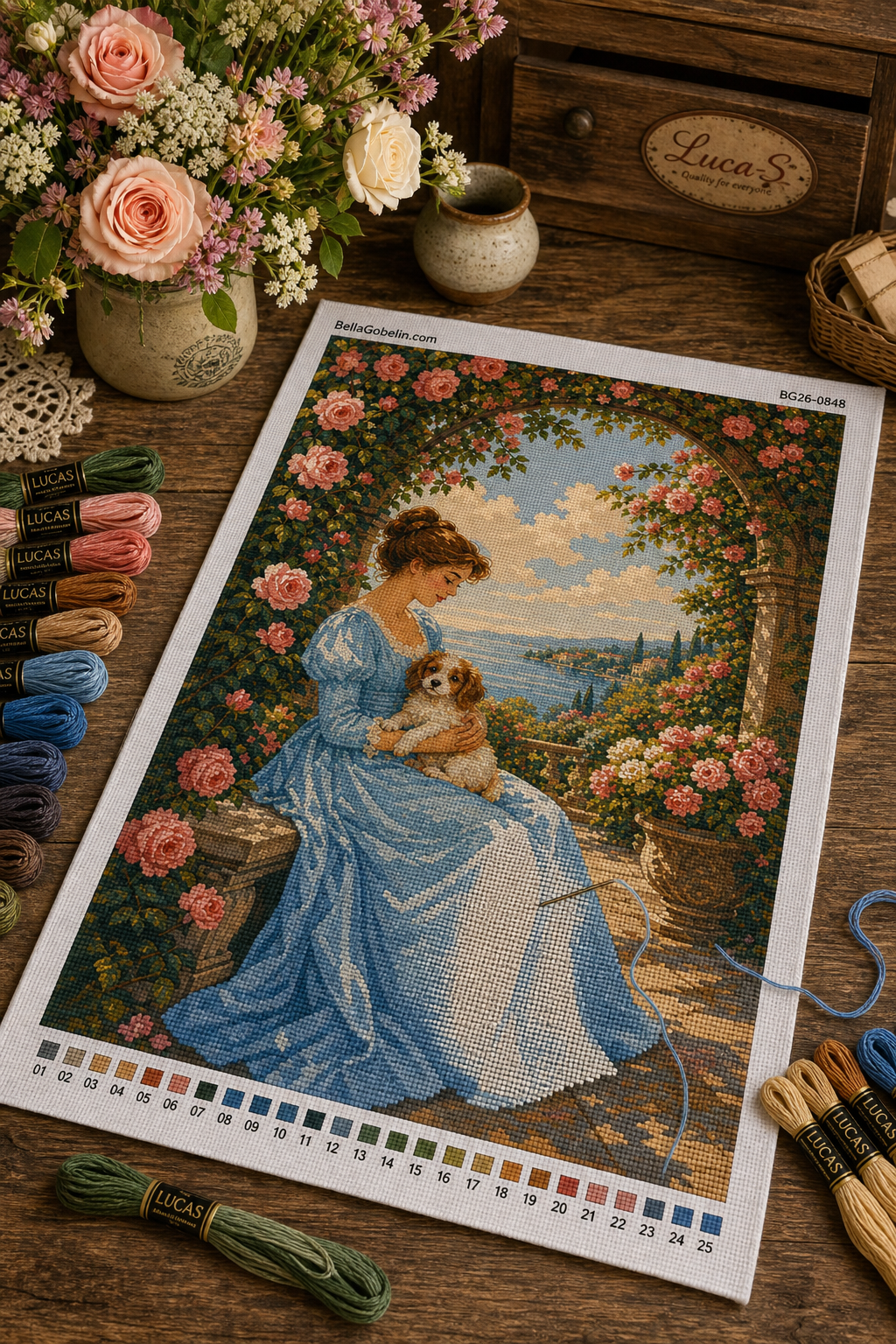 Lady with a puppy under the rose arbor