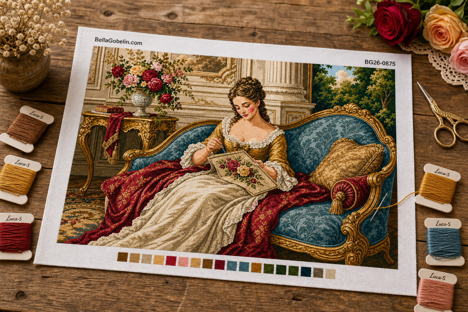 Femeie brodând gobelin în stil rococo