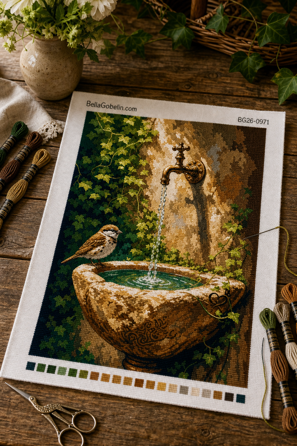 Pájaro junto al pozo del jardín