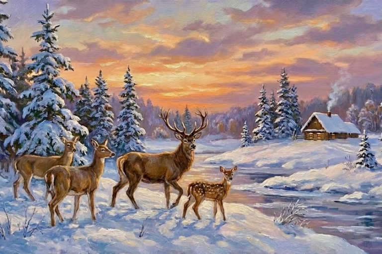 Szarvasok télen az erdei háznál