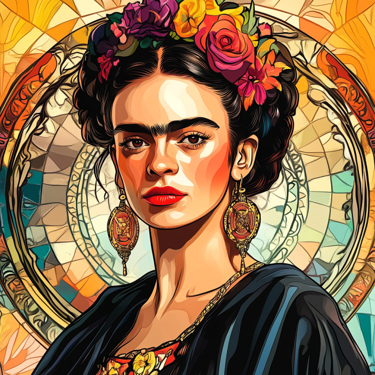 <div class='list-title'>Frida Kahlo portrait in the style of Alphonse Mucha.</div><div class='list-plustitle'>needlepoint kit</div>