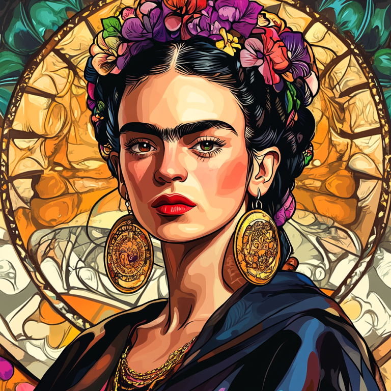 <div class='list-title'>Frida Kahlo portrait in the style of Alphonse Mucha.</div><div class='list-plustitle'>needlepoint kit</div>