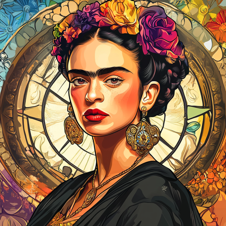 <div class='list-title'>Frida Kahlo portrait in the style of Alphonse Mucha.</div><div class='list-plustitle'>needlepoint kit</div>