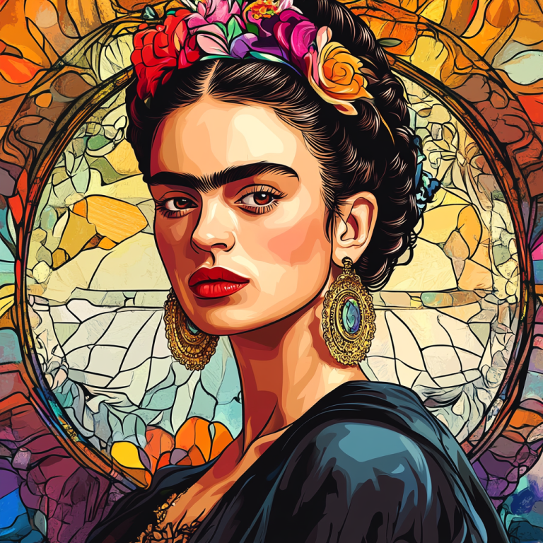 <div class='list-title'>Frida Kahlo portrait in the style of Alphonse Mucha.</div><div class='list-plustitle'>needlepoint kit</div>