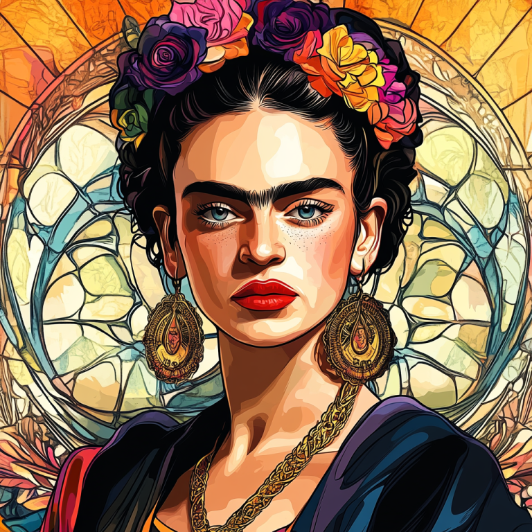 <div class='list-title'>Frida Kahlo portrait in the style of Alphonse Mucha.</div><div class='list-plustitle'>needlepoint kit</div>