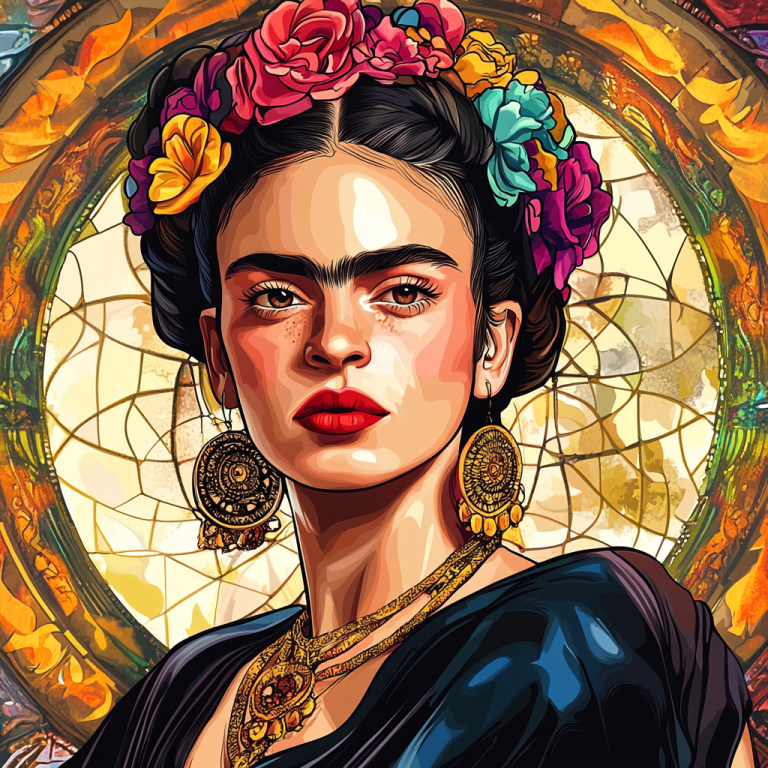 <div class='list-title'>Frida Kahlo portrait in the style of Alphonse Mucha.</div><div class='list-plustitle'>needlepoint kit</div>