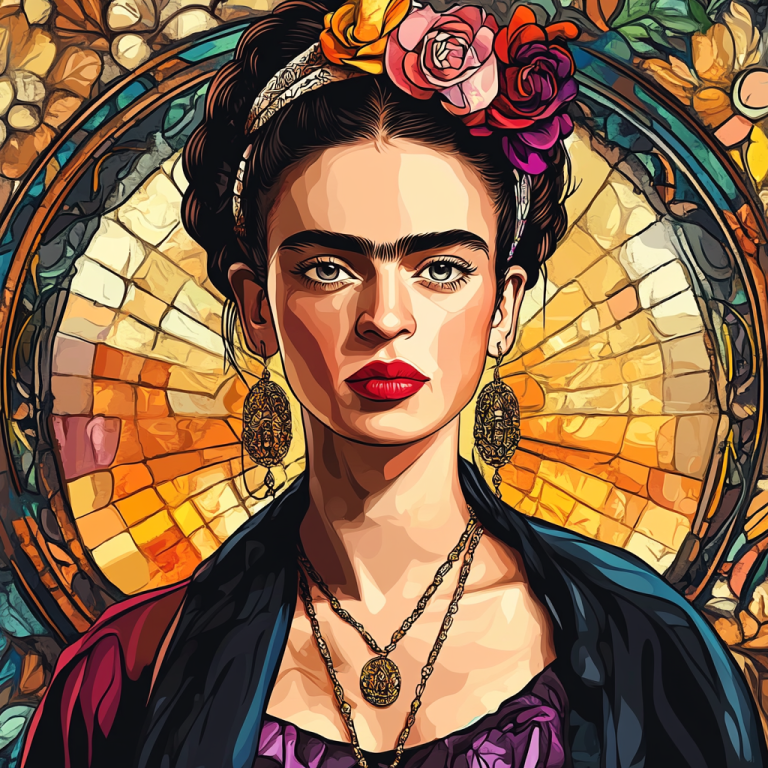 <div class='list-title'>Frida Kahlo portrait in the style of Alphonse Mucha.</div><div class='list-plustitle'>needlepoint kit</div>