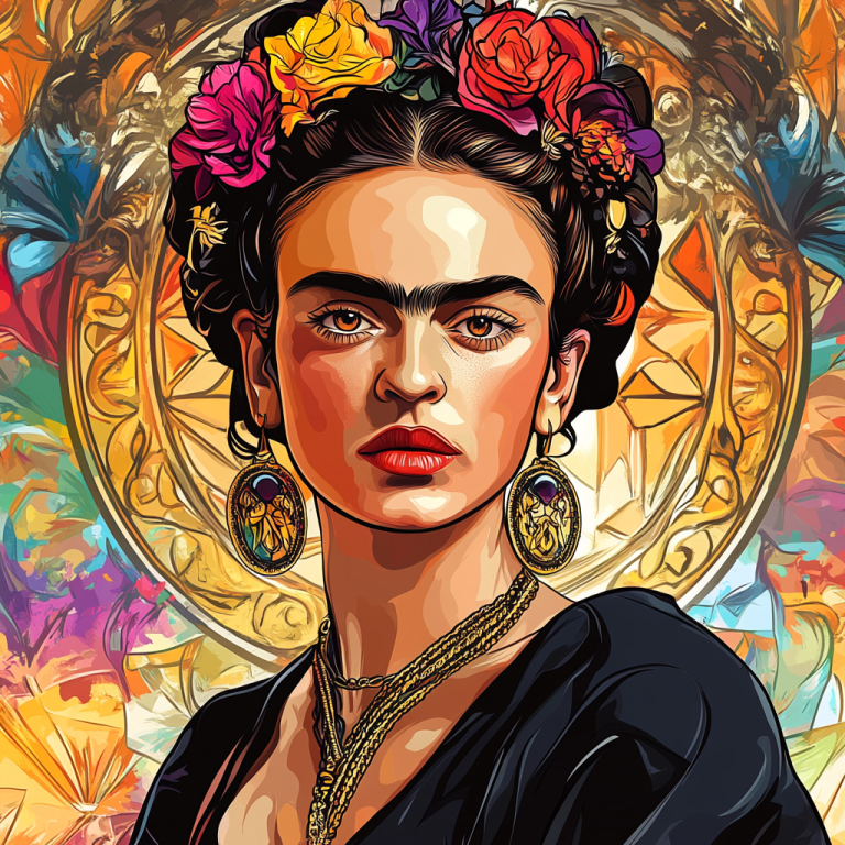 <div class='list-title'>Frida Kahlo portrait in the style of Alphonse Mucha.</div><div class='list-plustitle'>needlepoint kit</div>