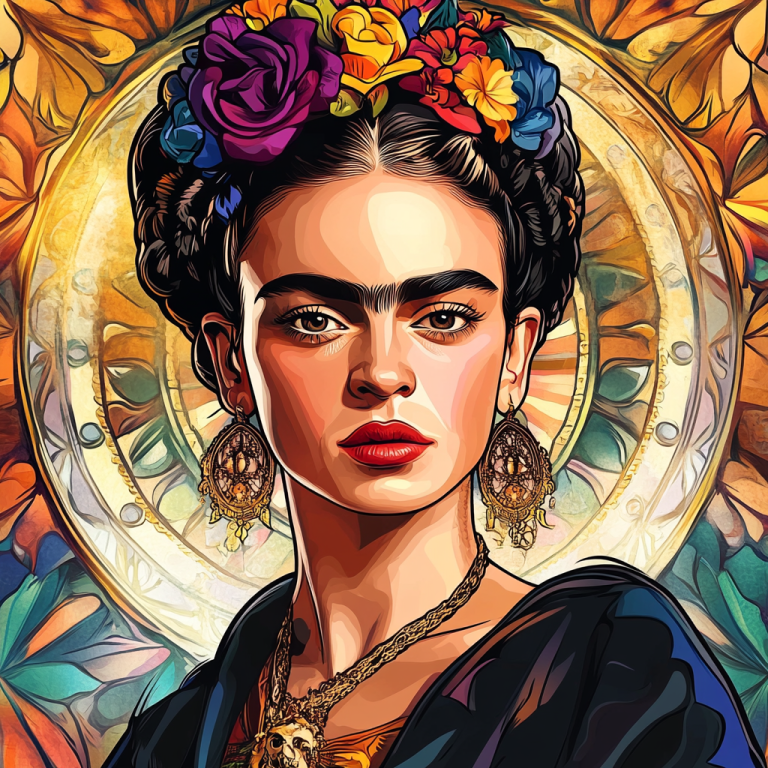 <div class='list-title'>Frida Kahlo portrait in the style of Alphonse Mucha.</div><div class='list-plustitle'>needlepoint kit</div>